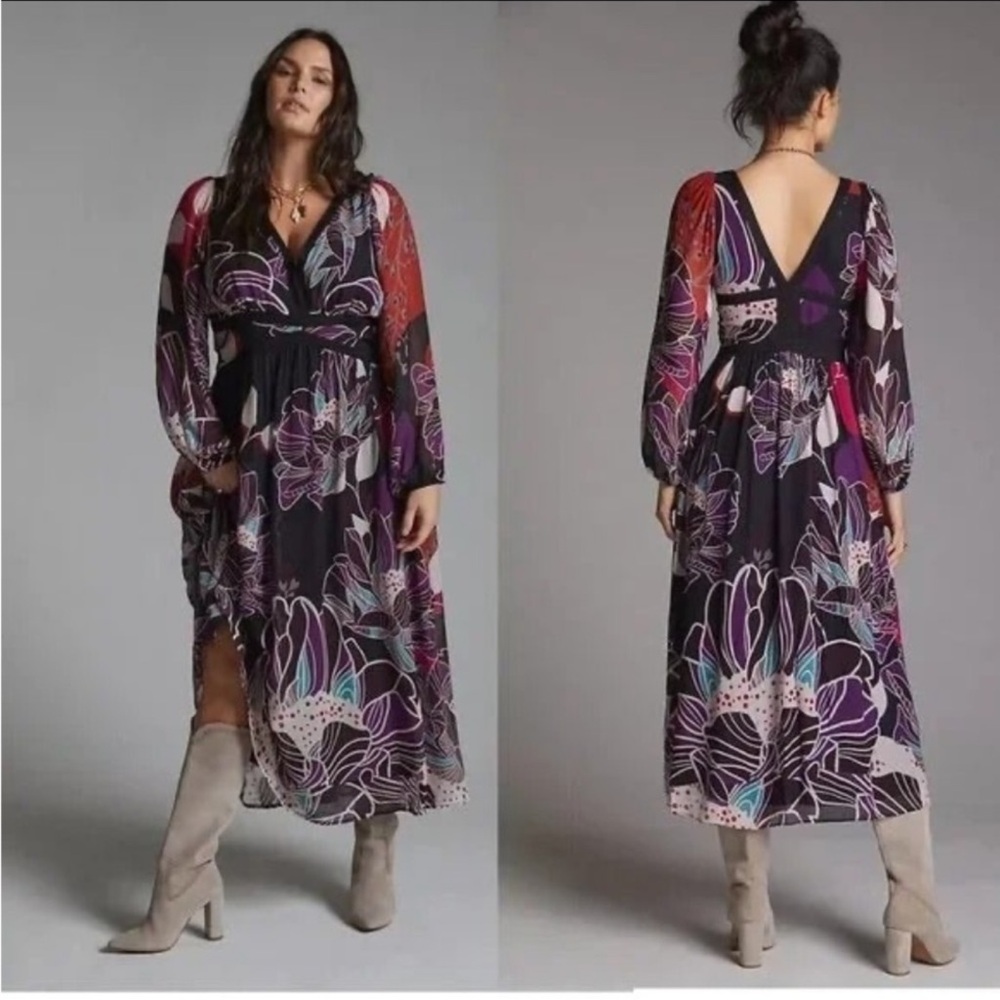 Anthropologie Let Me be Black Floral Midi Dress chiffon empire‎ artsy Size S